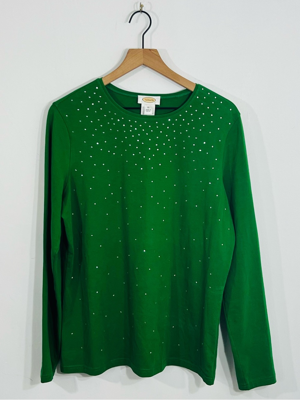 Talbots Green Long Sleeve Pullover Rhinestone Detail Casual Cotton Top Size XL